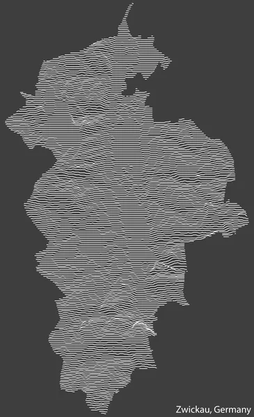黒灰色の背景に白い輪郭線でドイツのZwickauの都市の地形の負の救済マップ — ストックベクタ
