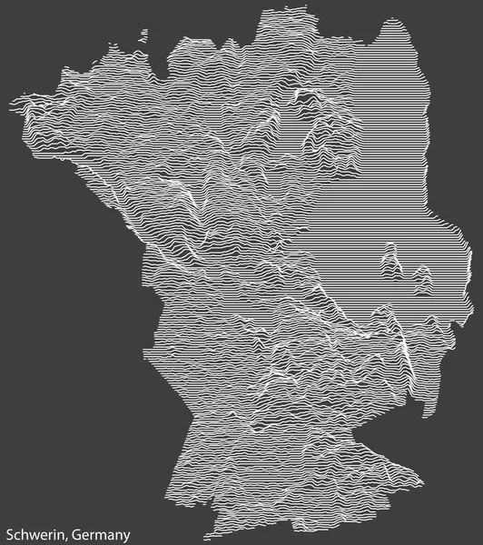 德国什韦林市地形负浮雕图 背景为深灰色的白色等高线 — 图库矢量图片