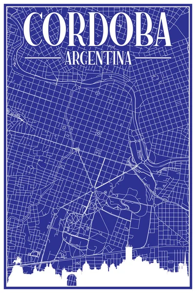ブルーヴィンテージ手描きの印刷街のネットワークマップダウンタウンCordoba Argentinaハイライト都市スカイラインとレタリングと — ストックベクタ