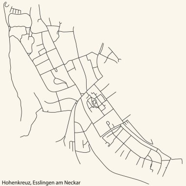 Alman bölgesel başkenti Esslingen, Almanya 'daki HOHENKREUZ MUNICIPALITY kentsel yol haritasının ayrıntılı seyrüsefer siyah hatları klasik bej arka planda
