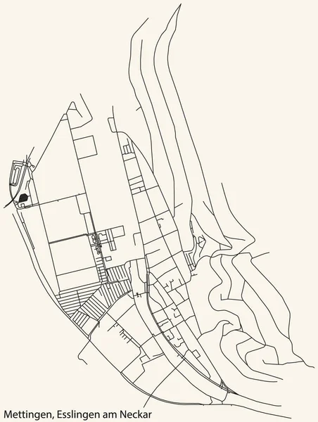 德国埃斯林根地区首府梅特根市城市街道路线图的详细导航黑线 具有古老的米色背景 — 图库矢量图片
