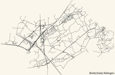 Alman bölgesel başkenti Ratingen 'in BREITSCHEID MUNICIPALITY şehir haritasının ayrıntılı navigasyon kara hatları klasik bej arka planda
