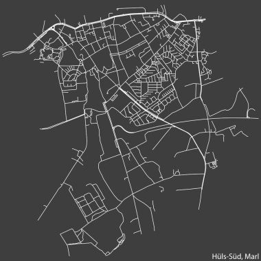 Almanya 'nın başkenti Marl' ın HLS-SD MÜZİPALİTESİ kentsel yol haritasının ayrıntılı olumsuz seyrüsefer beyaz çizgileri koyu gri arka planda