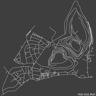 Alman bölgesel başkenti Marl 'ın HLS-NORD MUNICIPALITY şehir haritasının beyaz çizgileri koyu gri arka planda