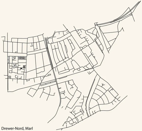 Navegación Detallada Black Lines Urban Street Roads Map Drewer Nord — Vector de stock