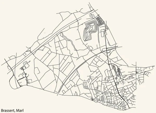 德国马尔地区首府布拉谢尔市城市街道路线图的详细导航黑线 具有古老的米色背景 — 图库矢量图片