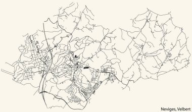 Alman bölgesel başkenti Velbert, Almanya 'nın klasik bej arkaplan üzerindeki NEVIGES MUNICIPALITY kentsel yol haritasının ayrıntılı navigasyon siyah hatları