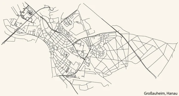 Navegação Detalhada Black Lines Urban Street Roads Mapa Grossauheim Municipality — Vetor de Stock