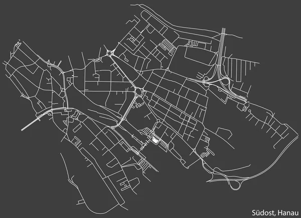 詳細な負のナビゲーション白い線暗い灰色の背景にドイツのハナウのドイツの町のSdostコミュニティの都市道路地図 — ストックベクタ