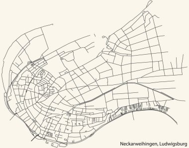 Alman bölgesel başkenti LUDWIGSBURG 'un NECKARWEIHINGEN MÜZİPALİTESİ kentsel yol haritası, Almanya' nın klasik bej arkaplan üzerine ayrıntılı navigasyon siyah çizgileri