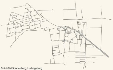 Alman bölgesel başkenti LUDWIGSBURG 'un GRNBHL-SONNENBERG MÜZİPALİTESİ kentsel yol haritası, Almanya' nın klasik bej arkaplan üzerine ayrıntılı navigasyon kara hatları
