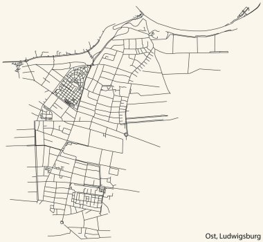 Alman bölgesel başkenti LUDWIGSBURG, Almanya 'nın klasik bej arkaplanlı kentsel navigasyon kara hatları OST (SCHLSSLESFELD) MUNICIPALITY