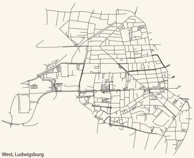 Alman bölgesel başkenti LUDWIGSBURG, Almanya 'nın klasik bej arka planında yer alan Batı MÜZİPALİTESİ kentsel yol haritasının ayrıntılı navigasyon siyah hatları