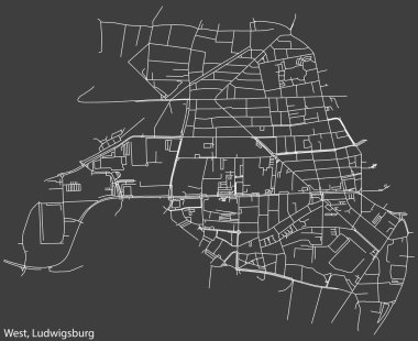 Alman bölgesel başkenti LUDWIGSBURG, Almanya 'nın Batı MÜZİPALİTESİ' nin kentsel cadde haritasının ayrıntılı negatif navigasyon beyaz çizgileri koyu gri arka planda