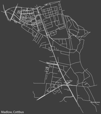 Almanya 'nın COTTBUS kentindeki MADLOW DISTRICT kentsel yol haritasının ayrıntılı olumsuz seyrüsefer beyaz çizgileri koyu gri arka planda