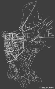 Alman şehri COTTBUS, Almanya 'nın SANDOW DISTRICT' nin şehir caddeleri haritası, koyu gri arka plan üzerine ayrıntılı olumsuz navigasyon.