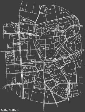 Almanya 'nın başkenti COTTBUS' un MITTE DISTRICT kentsel yol haritasının ayrıntılı olumsuz seyrüsefer beyaz çizgileri koyu gri arka planda