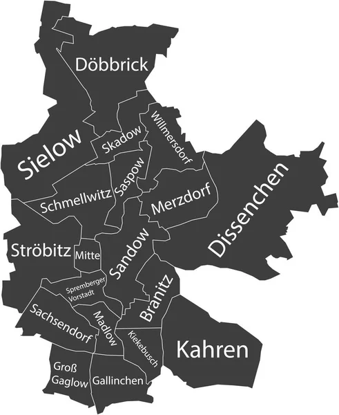 Cottbusのダークグレーのフラットベクトル管理マップ その地区の名前タグと白の境界線とドイツ — ストックベクタ