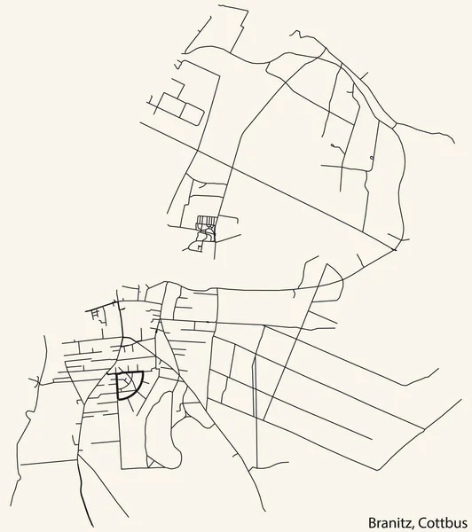 Navegação Detalhada Black Lines Urban Street Roads Mapa Branitz District —  Vetores de Stock