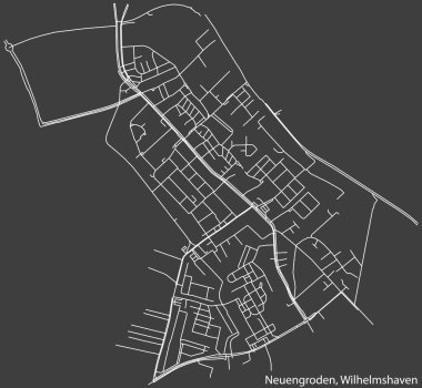 Almanya 'nın WILHELMSHAVEN kentindeki NEUGRODEN DISTRICT' nin şehir caddeleri haritasının ayrıntılı olumsuz seyrüsefer çizgileri koyu gri arka planda