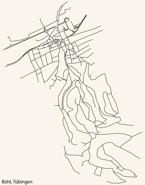 詳細ナビゲーションブラックラインヴィンテージベージュの背景にドイツのTbingenのドイツの町のBhl地区の都市道路地図 — ストックベクタ