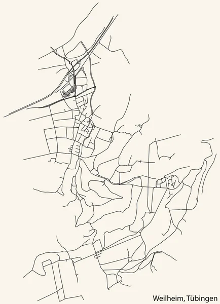 Detaillierte Navigation Schwarze Linien Stadtstraßenplan Der Weilheim Distrik Der Stadt — Stockvektor