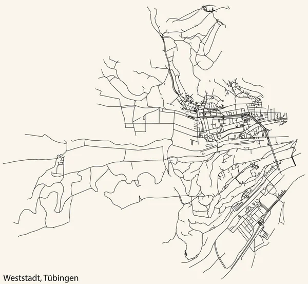 Detaillierte Navigation Schwarze Linien Stadtstraßenplan Der Westadt Distrik Der Deutschen — Stockvektor