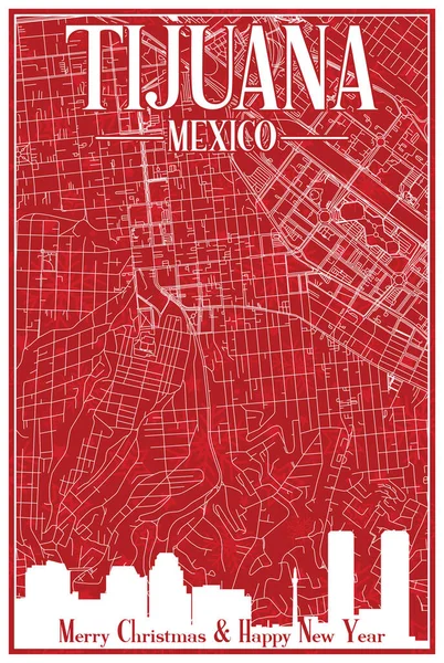 Cartão Postal Natal Vintage Vermelho Desenhado Mão Centro Cidade Tijuana — Vetor de Stock