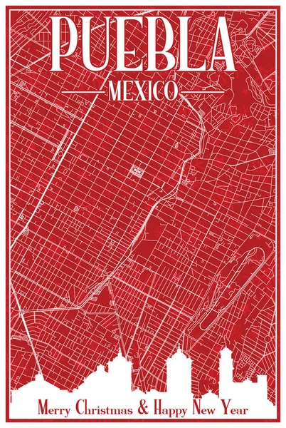Cartão Postal Natal Vintage Vermelho Desenhado Mão Centro Cidade Puebla — Vetor de Stock