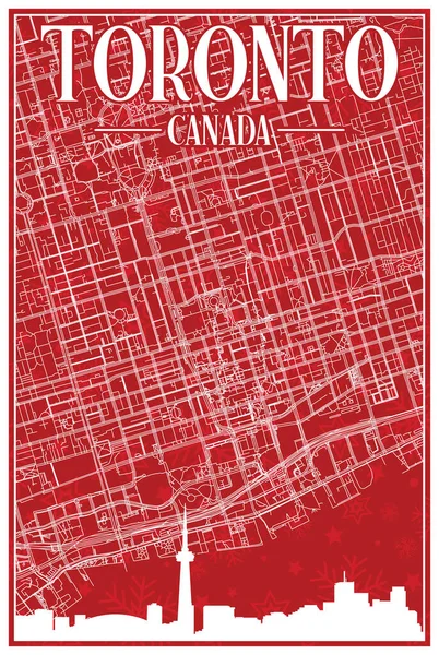 Červený Ročník Ručně Kreslené Vánoční Pohlednice Centra Toronto Canada Zvýrazněným — Stockový vektor