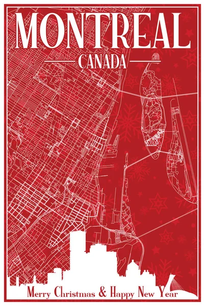 Rote Handgezeichnete Weihnachtspostkarte Der Innenstadt Von Montreal Kanada Mit Hervorgehobener — Stockvektor