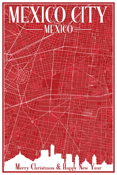 Cartão Postal Natal Vintage Vermelho Desenhado Mão Centro Cidade México — Vetor de Stock