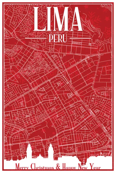 stock vector Red vintage hand-drawn Christmas postcard of the downtown LIMA, PERU with highlighted city skyline and lettering