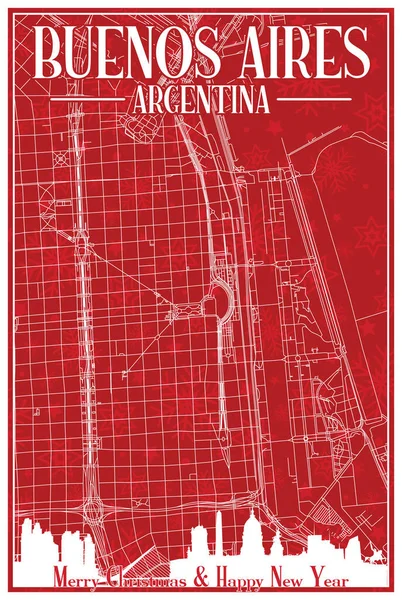 Cartão Postal Natal Vintage Vermelho Desenhado Mão Centro Cidade Buenos —  Vetores de Stock