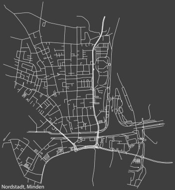 Alman kenti MINDEN, Almanya 'daki NORDSTADT QuARTER' ın şehir caddeleri haritası üzerinde ayrıntılı olumsuz navigasyon beyaz çizgileri