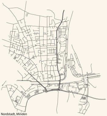 Alman kenti MINDEN, Almanya 'nın NORDSTADT QuARTER' ının klasik bej arka planda yer alan şehir caddelerinin ayrıntılı navigasyon siyah çizgileri