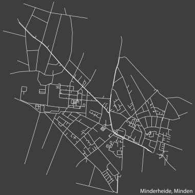 Alman kenti MINDERHEIDE Çeyreği 'nin şehir caddeleri haritası, Almanya' nın MINDEN şehrinin koyu gri arka planında ayrıntılı olarak yer almaktadır.
