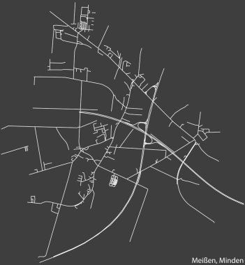 Alman kenti MINDEN, Almanya 'daki MEISSEN QuARTER' ın şehir caddeleri haritasının ayrıntılı negatif seyrüsefer beyaz çizgileri koyu gri arka planda