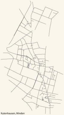 Alman kenti MINDEN, Almanya 'nın KUTENHAUSEN QuARTER bölgesinin klasik bej arkaplanlı şehir yolu haritasının ayrıntılı navigasyon siyah hatları