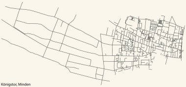 Alman kenti MINDEN, Almanya 'daki KNIGSTOR QuARTER' ın şehir yolu haritası klasik bej arka planda ayrıntılı navigasyon siyah çizgileri