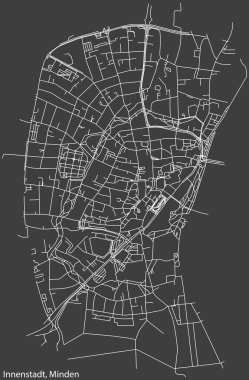 Alman kenti MINDEN, Almanya 'daki INNENSTADT QuARTER' ın şehir caddeleri haritası üzerinde ayrıntılı olumsuz navigasyon beyaz çizgileri