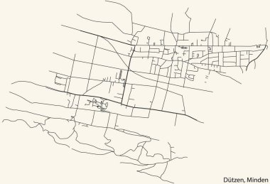 Alman kenti MINDEN, Almanya 'nın DTZEN QuARTER bölgesinin klasik bej arka planında ayrıntılı seyrüsefer kara hatları şehir caddeleri haritası