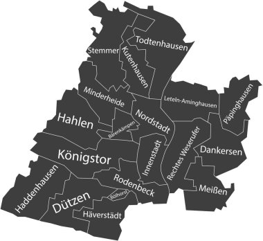 MINDEN 'in koyu gri düz vektör idari haritası, Çeyrekliklerinde isim etiketleri ve beyaz sınır çizgileri olan Almanya