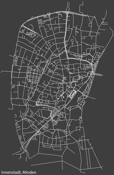 Alman kenti MINDEN, Almanya 'daki INNENSTADT QuARTER' ın şehir caddeleri haritası üzerinde ayrıntılı olumsuz navigasyon beyaz çizgileri