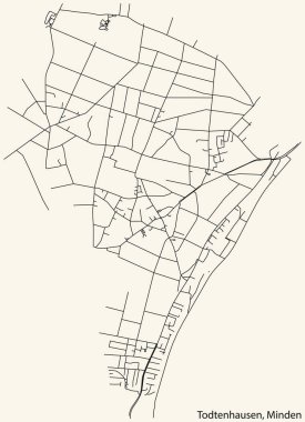 Alman kenti MINDEN 'in TODTENHAUSEN Çeyreği şehir yolu haritasının ayrıntılı navigasyon siyah hatları klasik bej arka planda
