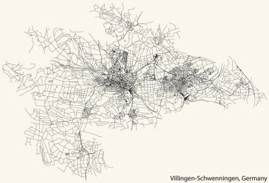 Alman kenti VILLINGEN-SCHWENNINGEN, GERMANY 'nin şehir yolu haritası, klasik bej arka planda ayrıntılı navigasyon siyah çizgileri