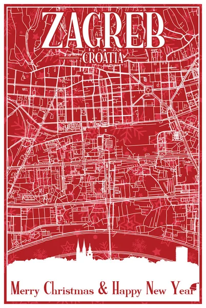 Cartão Postal Natal Vintage Vermelho Desenhado Mão Centro Cidade Zagreb —  Vetores de Stock