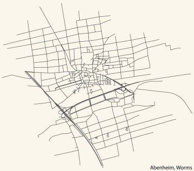 Almanya 'nın Worms şehrinin ABENHEIM çeyreğinin klasik bej arka planında yer alan şehir caddelerinin ayrıntılı navigasyon siyah çizgileri.