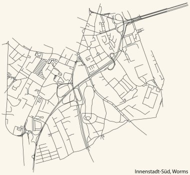 Almanya 'nın Worms şehrinin INNENSTADT SD QuARTER' ının klasik bej arkaplan üzerinde detaylı navigasyon kara hatları şehir caddeleri haritası