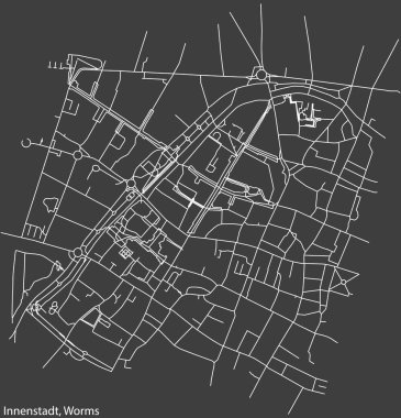 Almanya 'nın Worms şehrinin INNENSTADT DISTRICT haritasının beyaz çizgileri koyu gri arka planda
